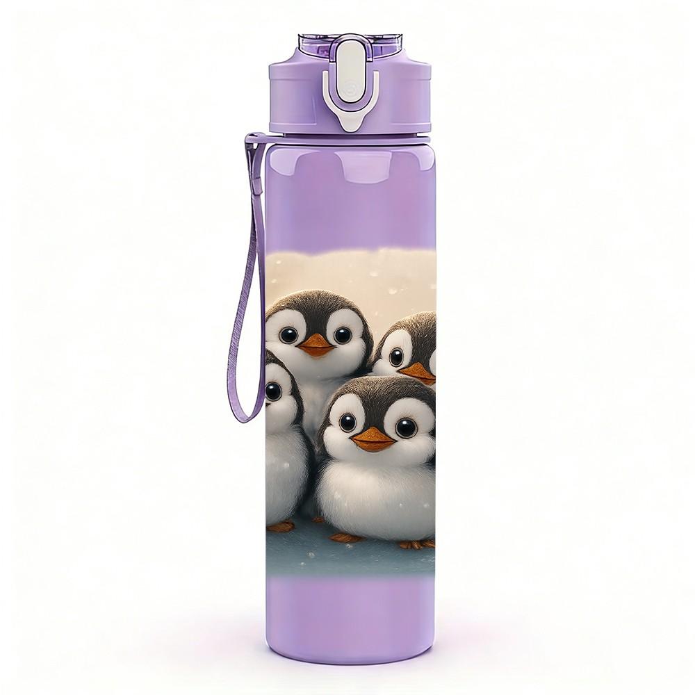 1PC Group Penguin Family Antarctic Print 750ml Color Plastic Sports Water Bottle Leakproof Flip Straw Lid Suitable for Sports Office Home Use