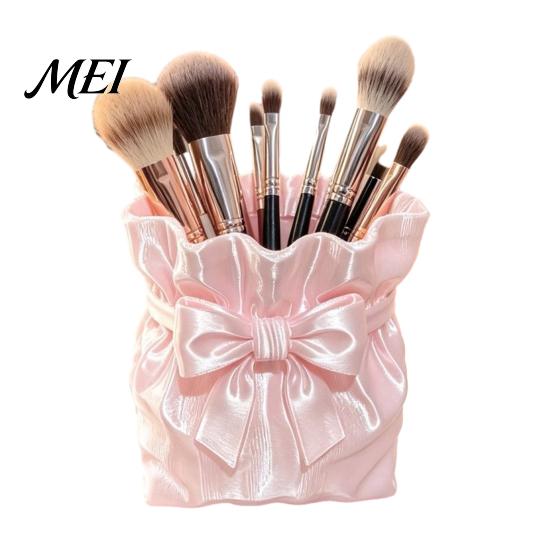 Powder Brush Holder Satin Bow Bag Makeup Holder, 3D Printed Beauty Tool Organizer Large Capacity for Desk, Bowknot Pouch Pencil Storage Container