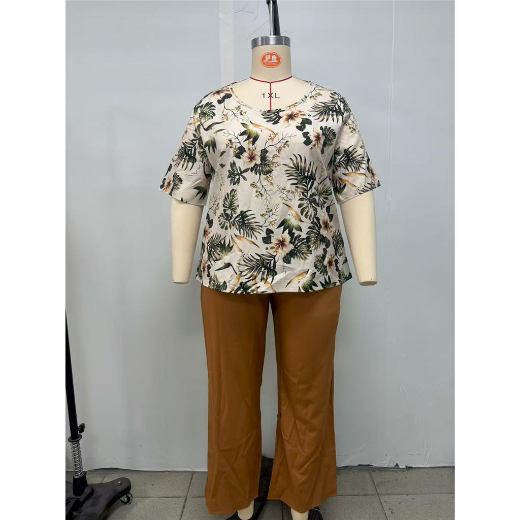 Women's plus size set printed short-sleeved T-shirt casual loose solid color trousers clothes sale