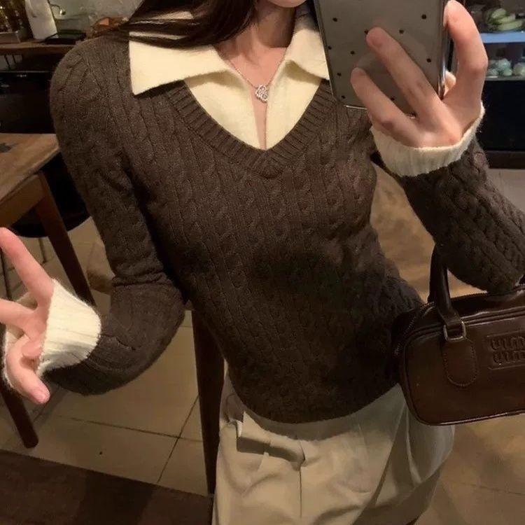 New splicing contrasting colors two-piece sweater long-sleeved knitted sweater top fabric autumn and winter slim fit