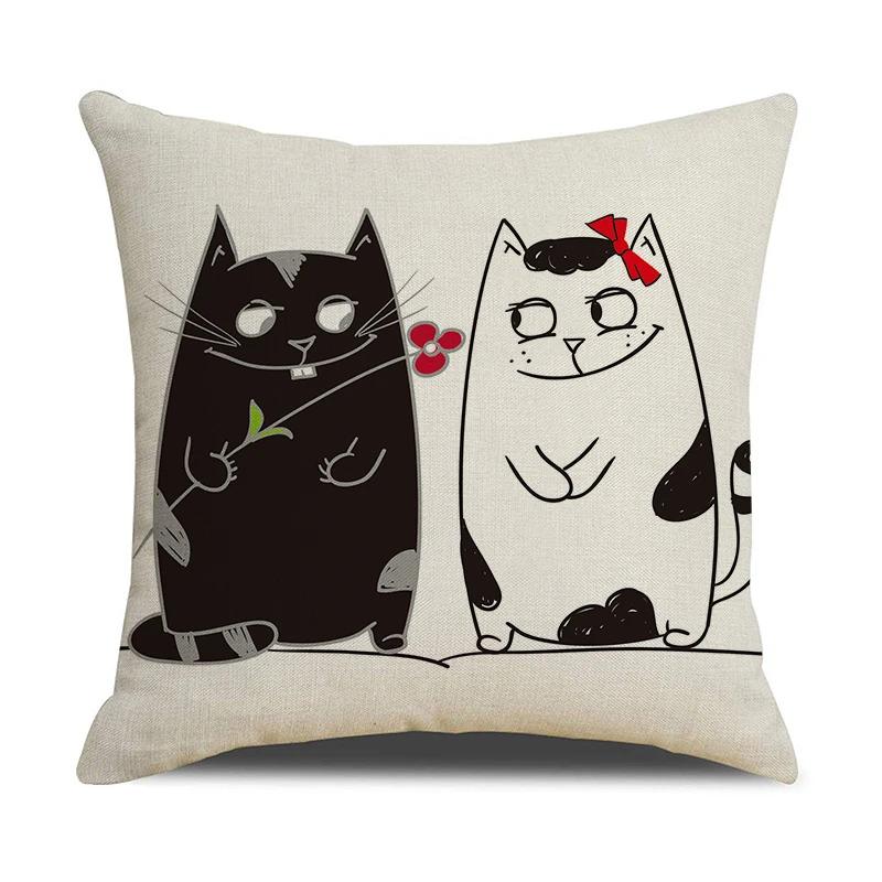 Black And White Cute Cat Printed Cushion Cover Home Decorative Sofa Pillow Covers Coffee Chair Throw Pillow Case Car Pillowcase