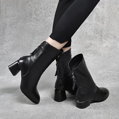 Leather Boots Women's Autumn and Winter Round Head Medium Tube Thick Heel Boots Rear Zipper Fashion Boots Top Layer Cowhide Women's Boots