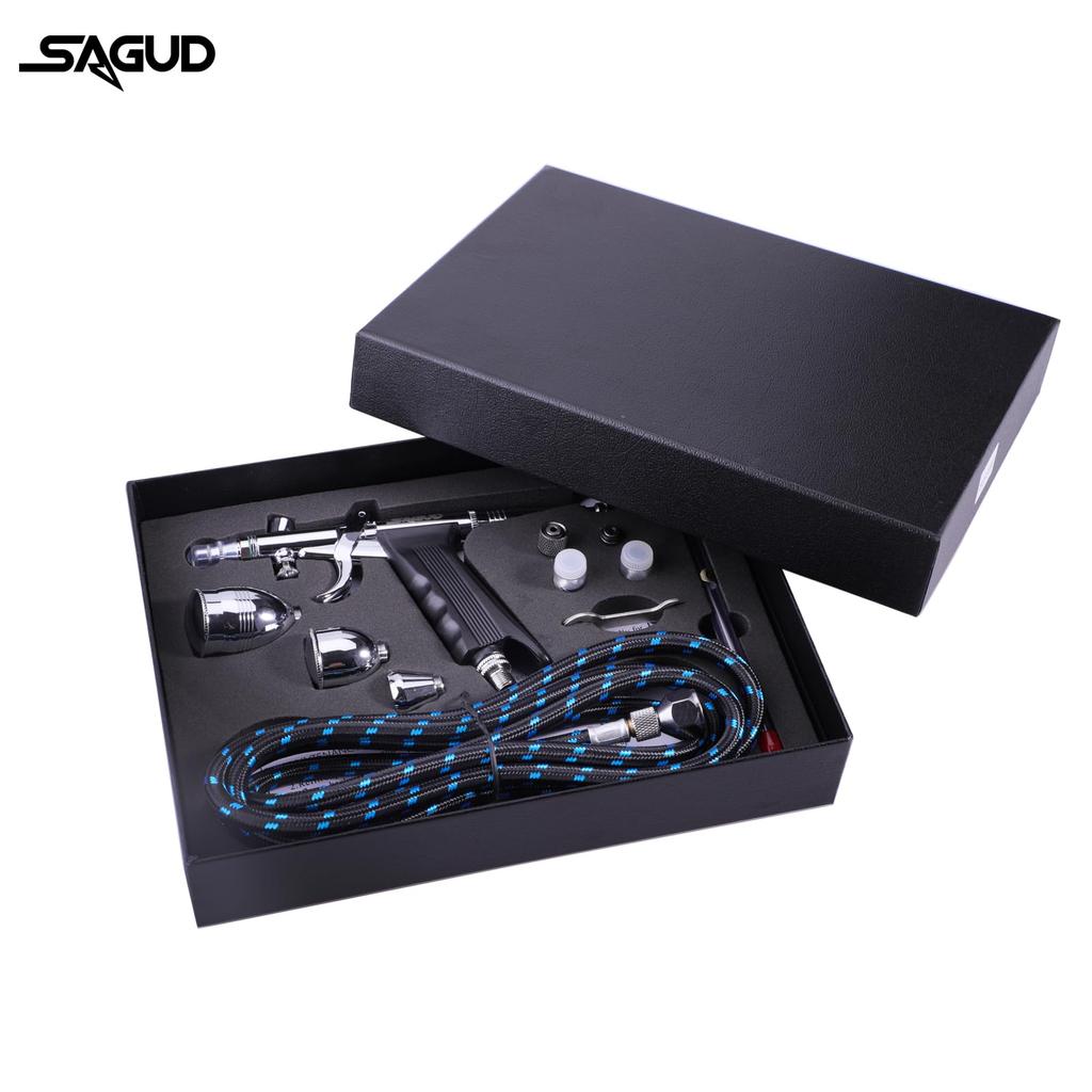 SAGUD Airbrush Gun Set, Single Action Airbrush Pen with 0.3mm, Spare 0.5 and 0.8mm Needles, Airbrush Hose, and 2CC/5CC/13CC Cup Kit