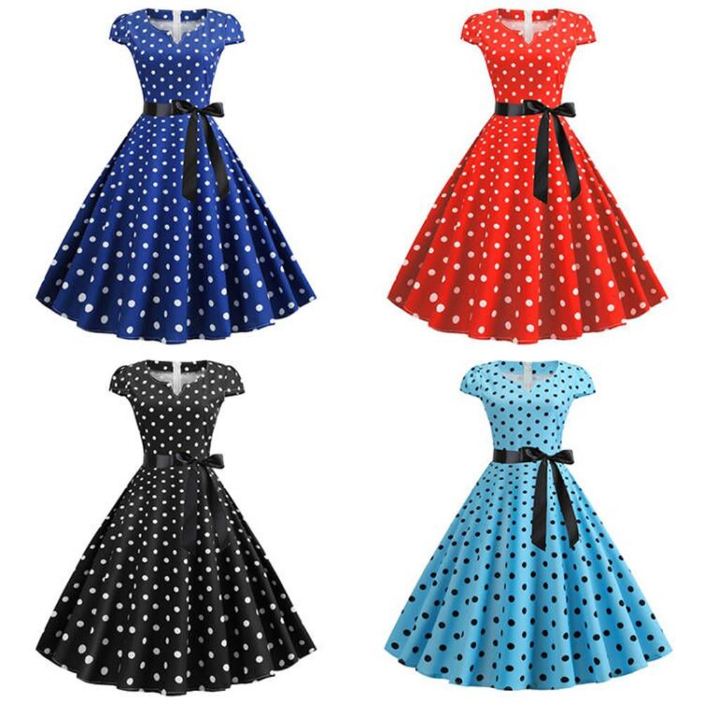 

Women Retro 50s 60s Hepburn Swing Rockabilly Polka Dot Print Short Sleeves Midi Dress Bridal Host Wedding Bride Bridesmaids Party Gowns S синий
