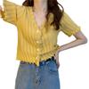 Summer fungus edge short top sweet Spice Girl V-neck short-sleeved knitted sweater thin knitted small cardigan tide