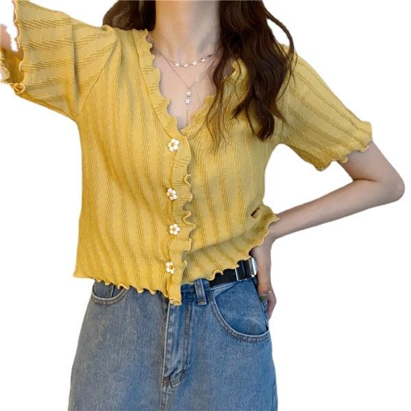 Summer fungus edge short top sweet Spice Girl V-neck short-sleeved knitted sweater thin knitted small cardigan tide