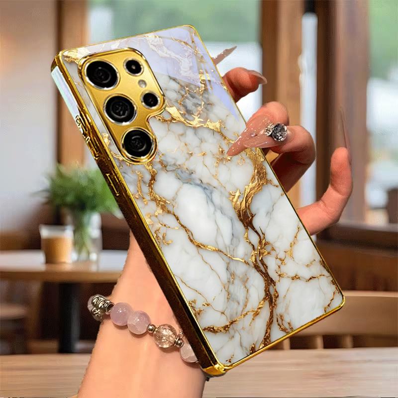Marble Texture Electroplated Golden Phone Case For Samsung Galaxy S25 S24 S26 S23 S22 S21 S20 Ultra Plus FE S26+ Glass Cover
