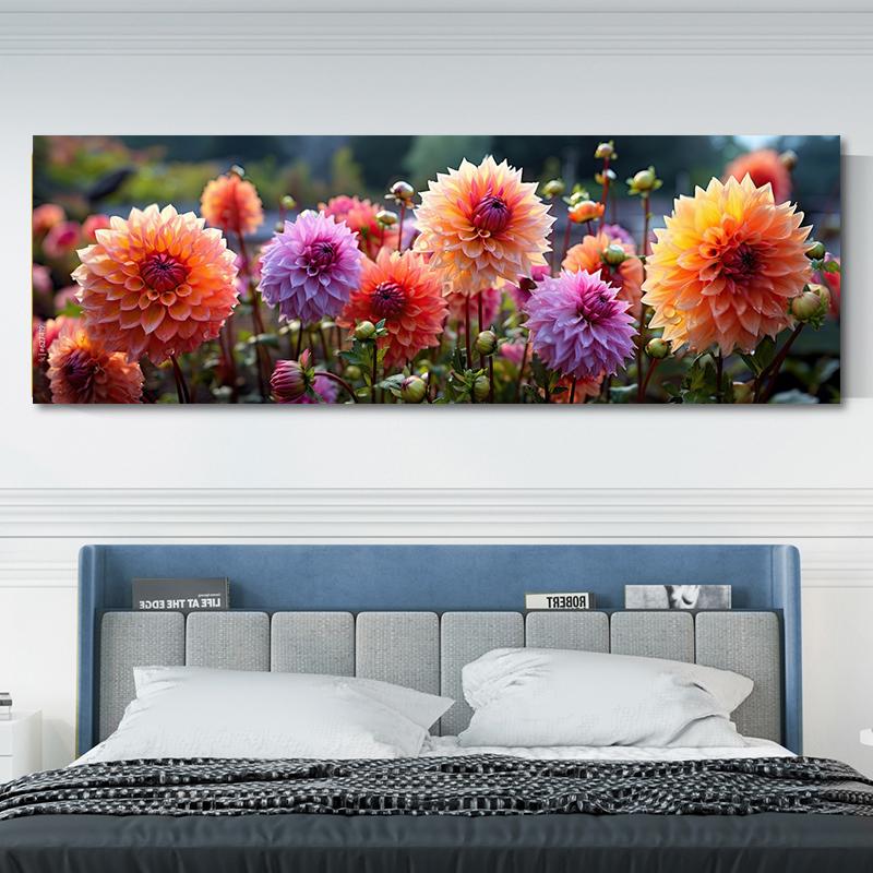 Autumn Dahlia Mix Flowers with Rain Drops Canvas Painting, Colorful Flower Posters, Garden Prints, for Living Room Decor, Quadro