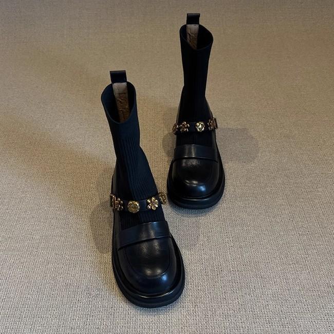 Cowhide version thick-soled metal buckle elastic boots short boots retro knitted thin boots women's loafers boots