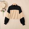 ZANZEA Women Casual Stand Collar Patchwork Loose Long Sleeve Tee Tops