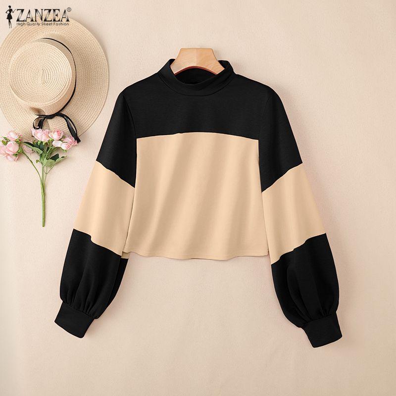 ZANZEA Women Casual Stand Collar Patchwork Loose Long Sleeve Tee Tops