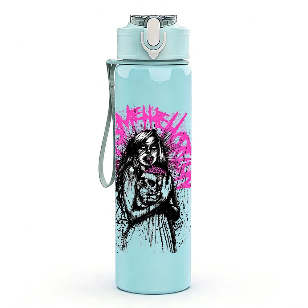 1PC Pink spiky hair female band print 750ml colorful plastic sports water bottle leakproof pop up lid with straw for outdoor work home use