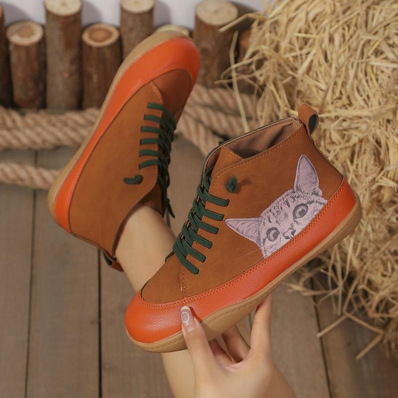 Botas Femininas Plus Size Estampa de Gato Cano Curto Salto Baixo Cadarço Moda Confortáveis Todas as Estações Primavera Outono