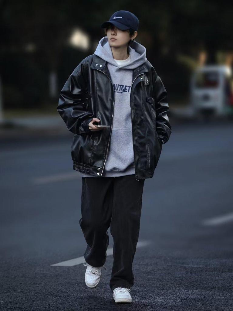 Jaqueta de Aviador Masculina de Outono Moda Americana Ajuste Solto Couro PU