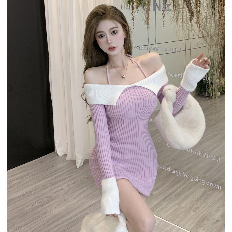 

Elegant Off-Shoulder Halter Knit Dress - Women s Autumn/Winter French Fit One Size фіолетовий