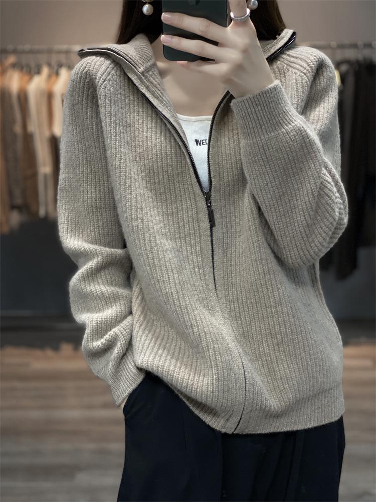 Women's Thick High Neck Zipper Cardigan - Loose Fit, Solid Color Long Sleeve Knit Sweater Coat