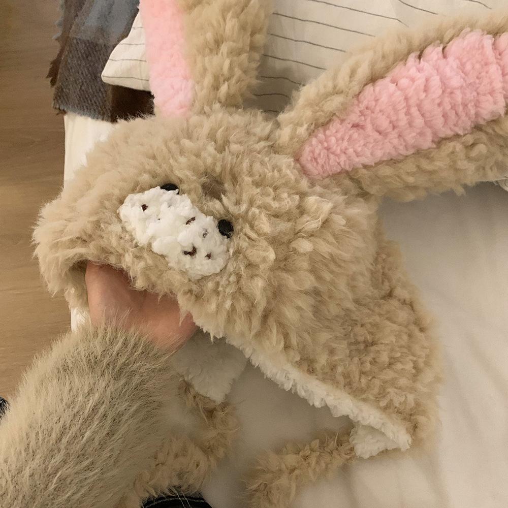 Sweet and Cute Rabbit Ears Plush Hat Women's Autumn and Winter Warm Ear Protection Lei Feng Hat Showing Face Small Furry Hat Trendy