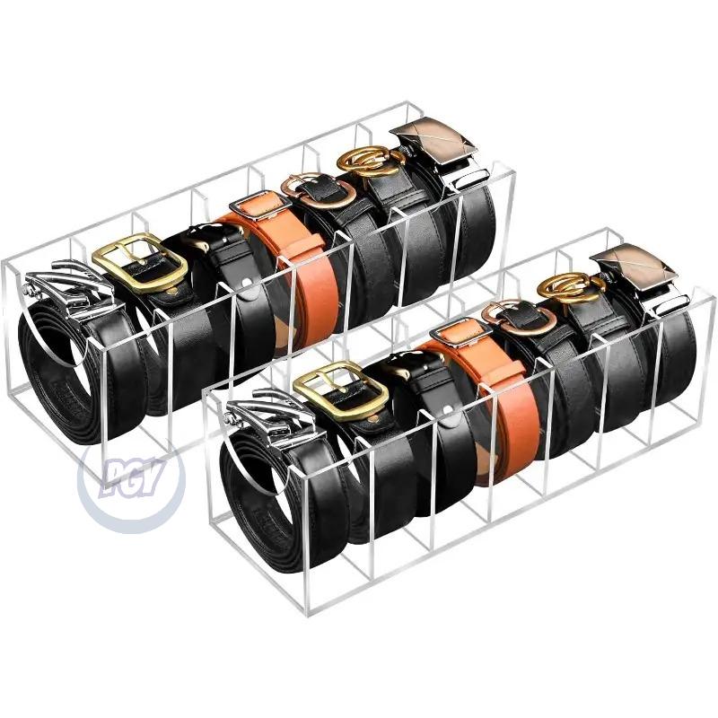 2-Pack Belt Storage Box 7-Grid Acrylic Transparent Storage Display Box for Wardrobe Drawer Tie Watch Jewelry Cosmetics Organizer