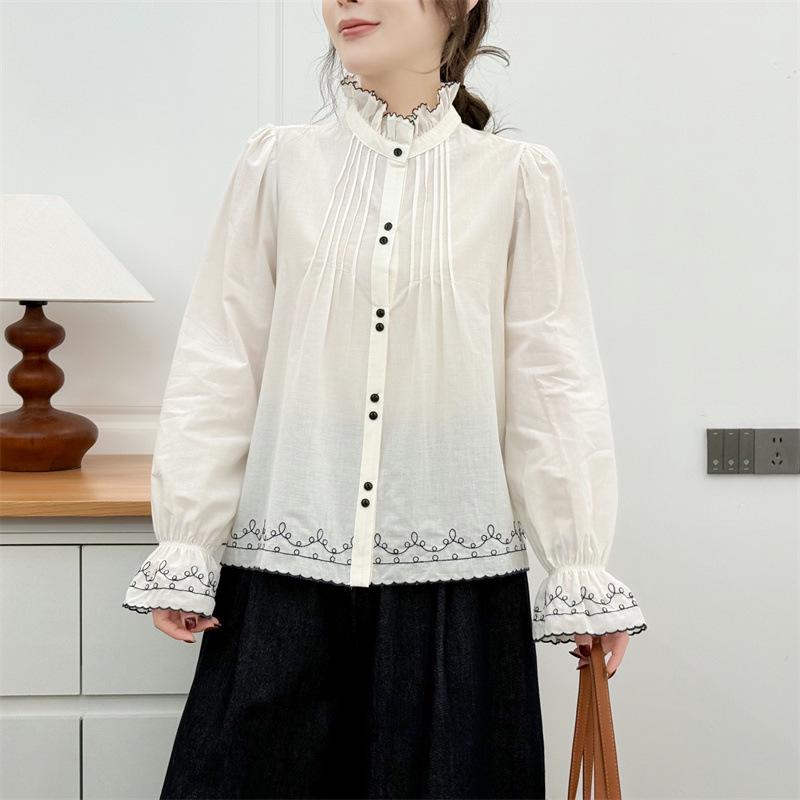 

Spring 2026 Plus Size Cotton Cardigan with Heavy Embroidery, Long Sleeves, and Lace Collar 4XL грязно-белый