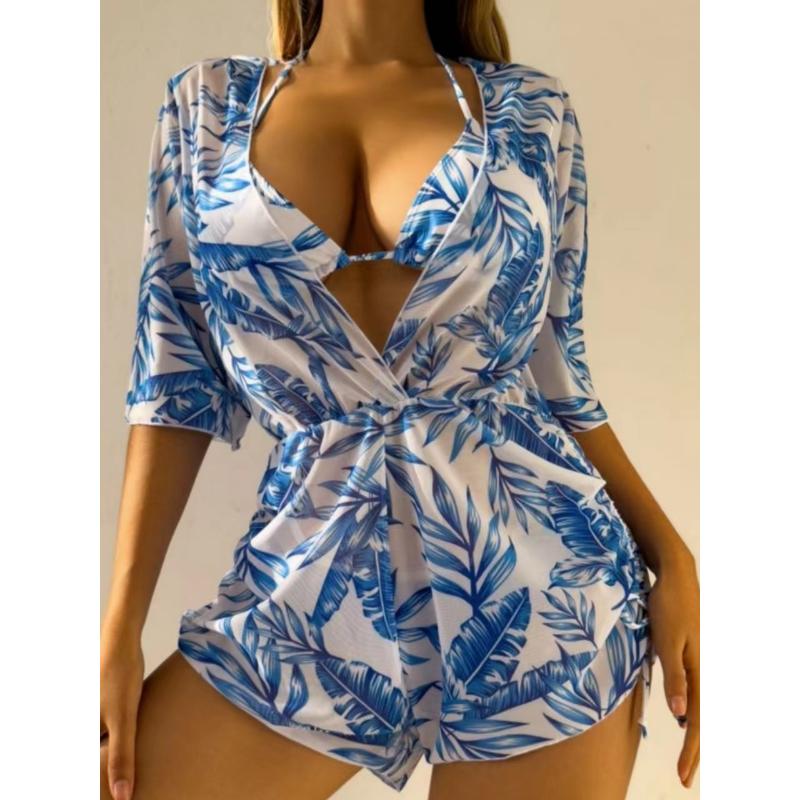3 Piece Leaf Print Bikini Set Long Sleeve Sun Protection Cover Up Drawstring Waist Slimming Fashion Beach Vacation Bathing Suit