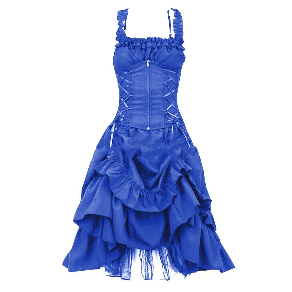 Drawstring Waist Slim Lolita Cosplay Gothic Prom Dresses Dresses Irregular Strappy Lace Dresses