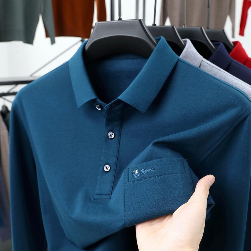 

Рубашка поло мужская футболка с длинными рукавами из хлопка осенняя одежда с настоящим карманом однотонный топ мужская одежда 3XL зелёный