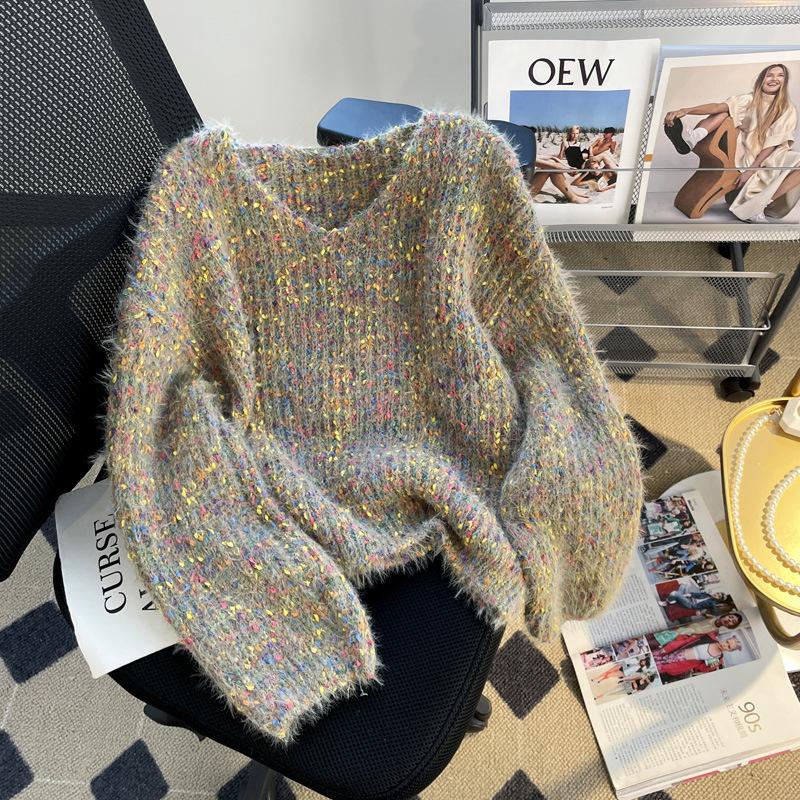 

Винтажный пуловер на осень и зиму для женщин, свободный, конфетного цвета, с V-образным вырезом, вязаный свитер-топ 3XL