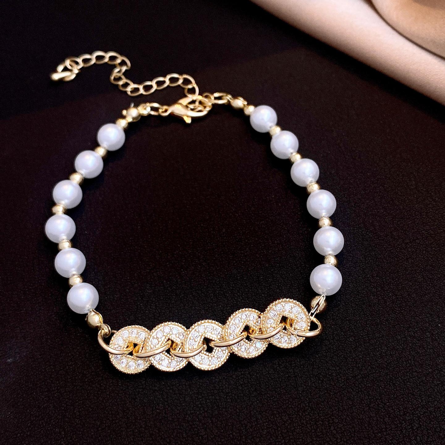 New Chinese zircon gold copper coin pendant beaded pearl bracelet bracelet simple jewelry