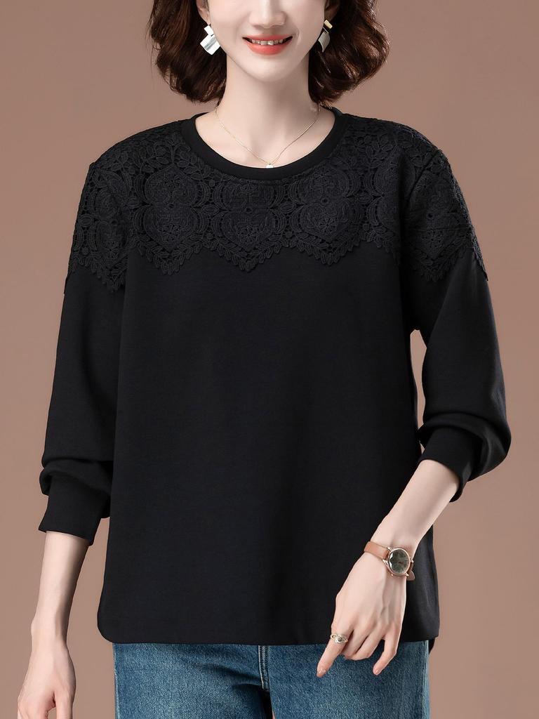Women's Plus Size Lace Splicing Sweatshirt – Spring/Autumn Loose Fit for Middle-Aged Moms