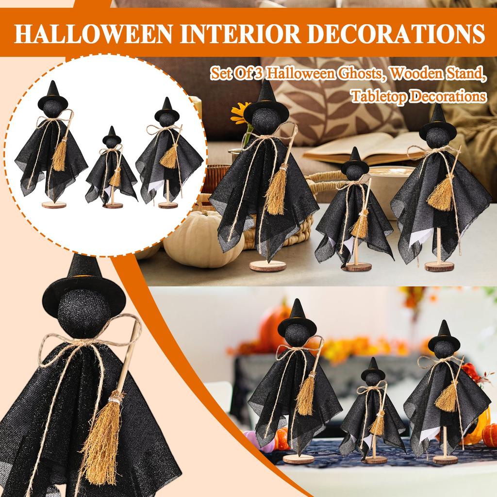 Halloween Interior Decorations - Set Of 3 Halloween Ghosts, Wooden Stand, Tabletop Decorations, Horror Halloween Decorations
