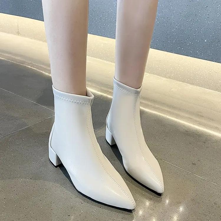 2024 New Korean Solid Pointed Short Boots with Thick Heels and Back Zipper for Tall and Slim Mid Heel Short Boots for Women