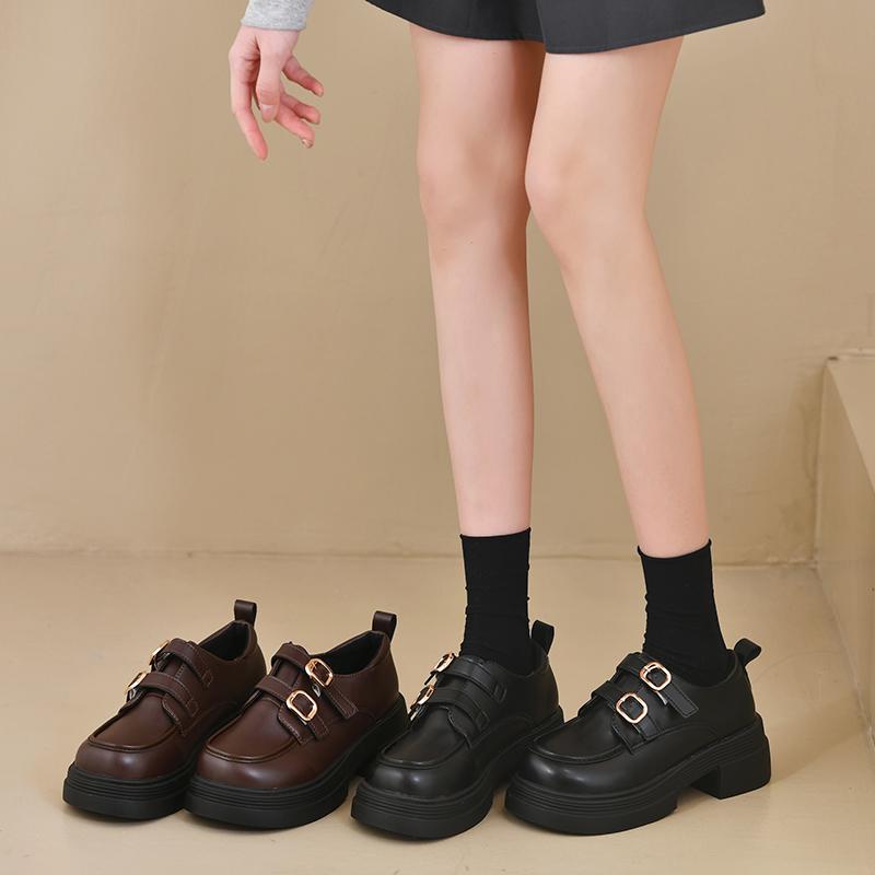 Sapatos Coreanos de Bico Redondo Calçado Feminino Oxfords Estilo Britânico Tamancos de Plataforma Vestido Retrô Preppy Couro Cruzado