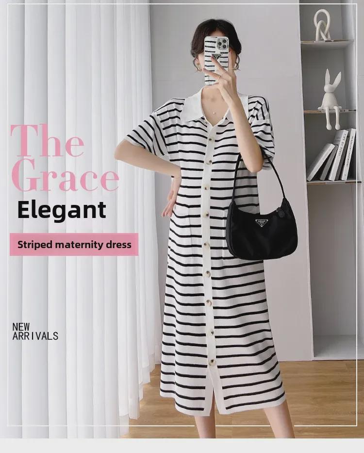 2023 Summer Korean Striped Knitted Short Sleeve Maternity Dress