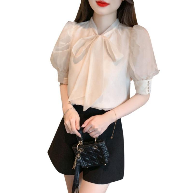 Women's Short Sleeve Blouse Bow Tie Neck Chiffon Top Elegant Commuter Shirt For Summer