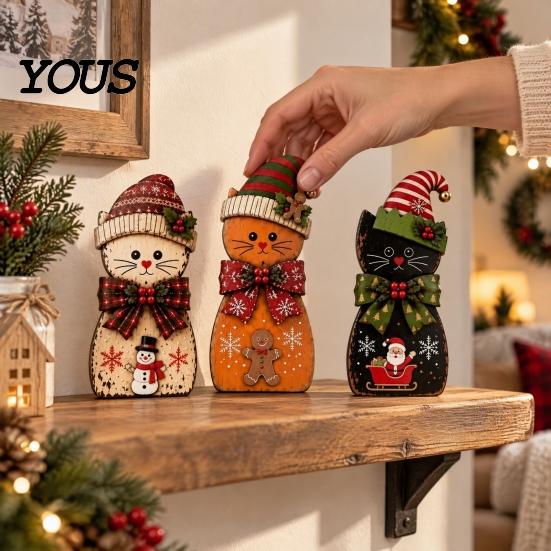 Christmas Cat Ornaments 3Pcs Wooden Tabletop Decor, Rustic 2D Figurines with Xmas Indoor Winter Home Decorations Hat, Santa & Gingerbread Patterns for