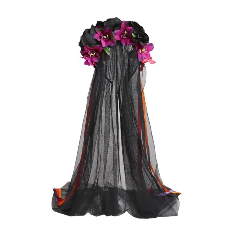 Gotisches Blumenhaarband mit Schleierband für Frauen Cosplay Party Kostüm Tag der Toten Kopfschmuck Feiertagsaccessoires