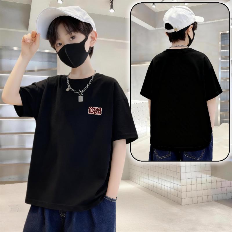 Kinder Sommer Buchstabenprint Baumwoll-T-Shirt 2026 - Trendiges Kurzarm, Locker geschnittenes Jungen Oberteil 120 (20-25 kg) schwarz