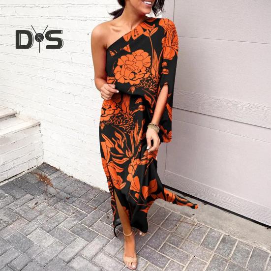 Women's One Shoulder Maxi Dress Batwing Sleeves Floral Printed Split Long Dress Pleated High Waist Cocktail Party Dress