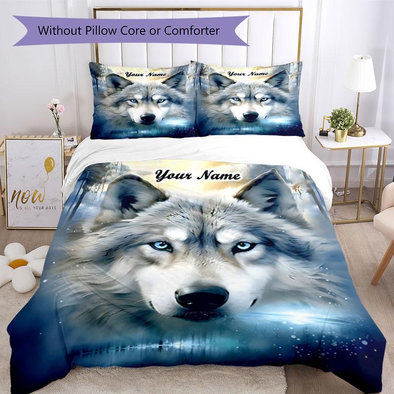 3PC Custom Name Wolf Spirit Reflection Bedding Set Duvet Cover Closure Includes 1 Duvet Cover & 2 Pillowcases for Bedroom