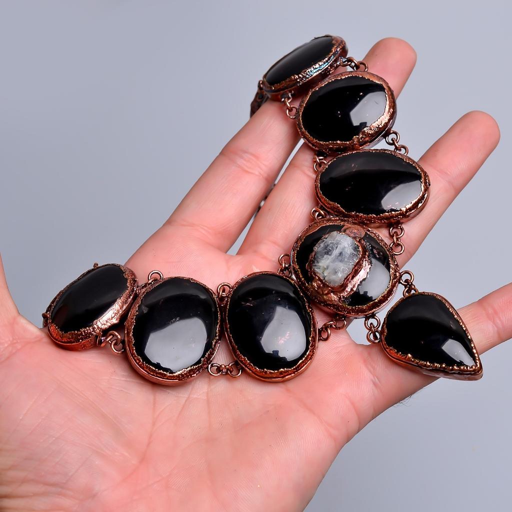 Natural Black Onyx Copper Handcrafted Chain Electroformed Sisters Gift Necklace V-84