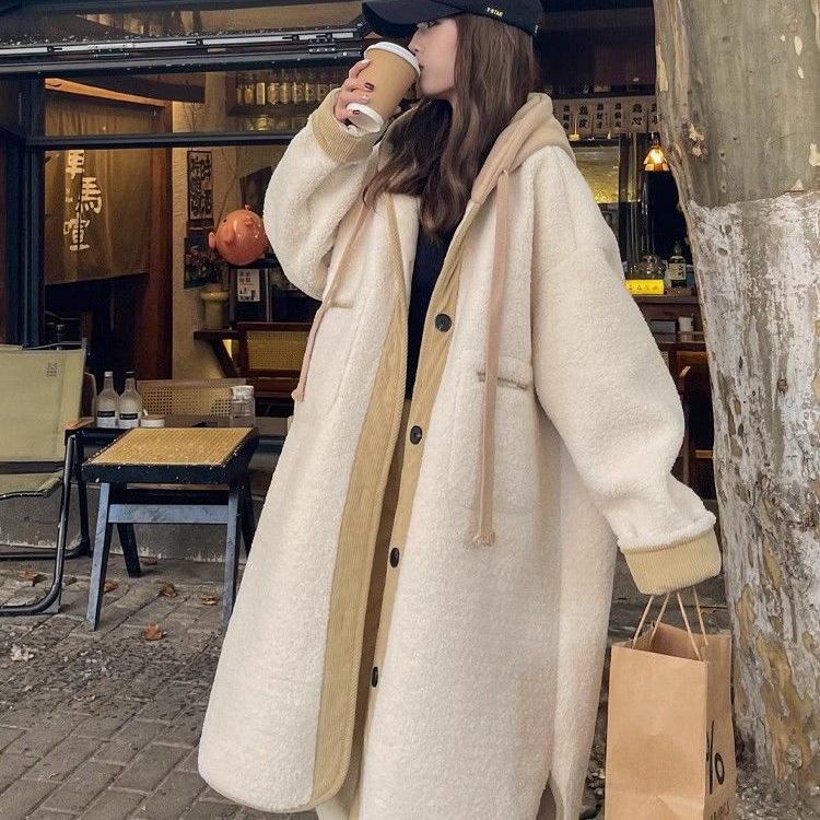 Beige Hooded Lambswool Mid-Length Coat - Thickened Korean Style, Loose Fit, Autumn/Winter Plush Jacket