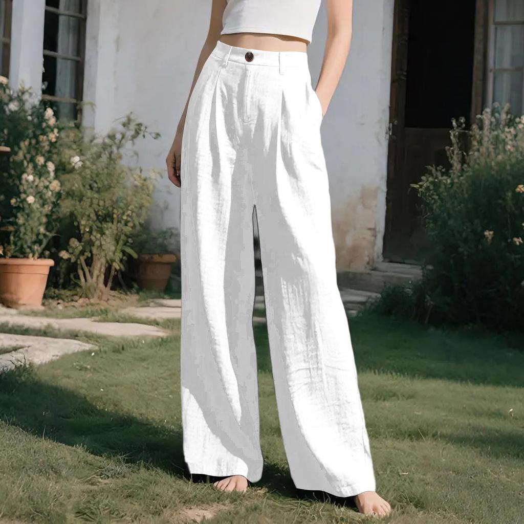 Women’s Beach-Style Cotton-Linen Casual Trousers: Wide-Leg, Loose-Fit Long Trousers