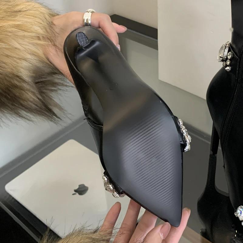 Eilyken Street Style Design CRYSTAL Women Knee-High Boots Sexy Pointed Toe Thin Heels Zipper Stripper Winter Ladies Shoes