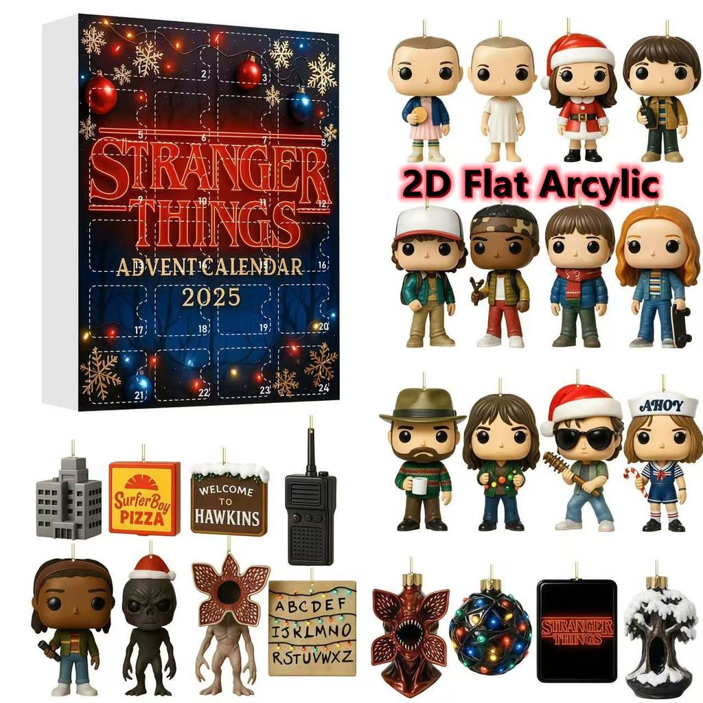 24 napos karácsonyi visszaszámláló naptár, 2D lapos Stranger karakterek és kiegészítők akasztható medál a Stranger dolgok rajongói számára