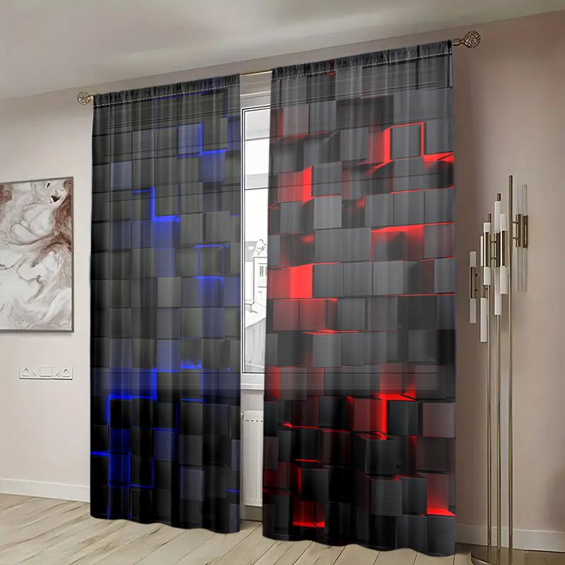 2 Pieces, Abstract Geometric Cube Curtains - Semi Blackout - Very Suitable for Living Room, Bedroom, Kitchen, Home Decoration