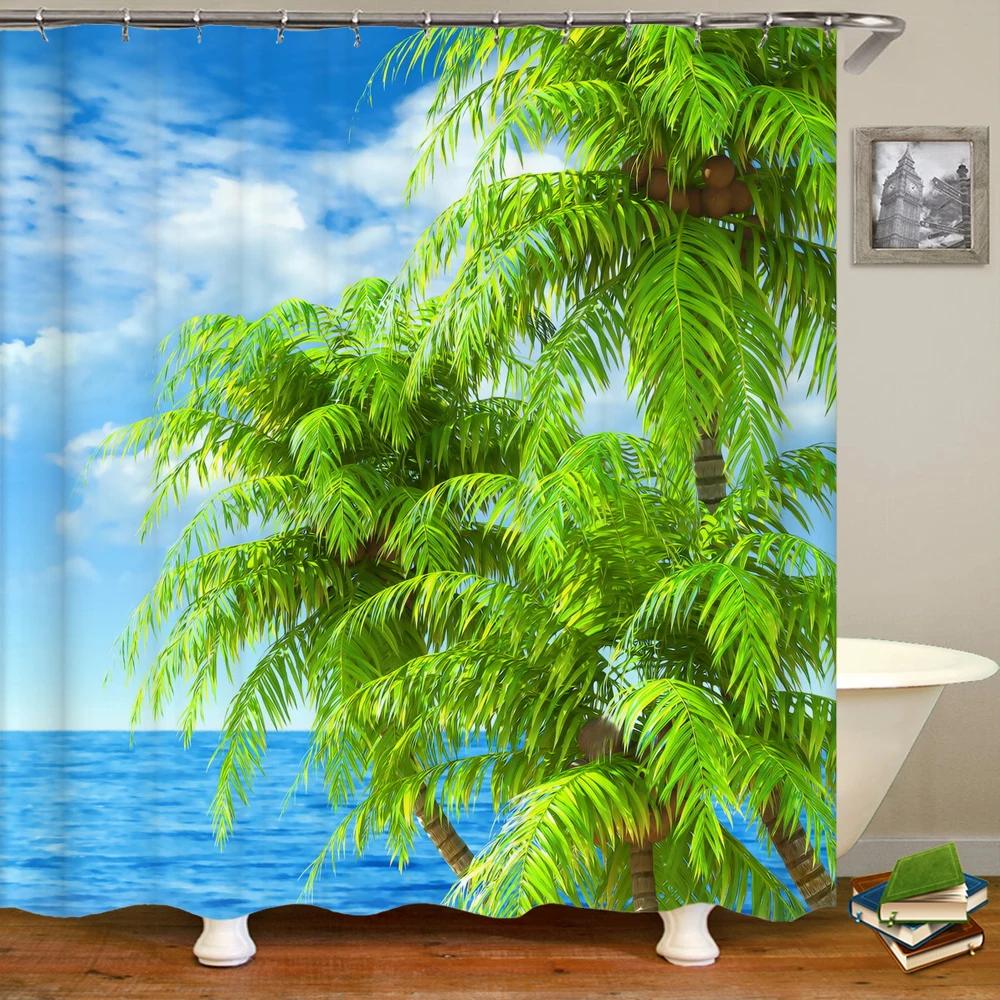 Beach Shower Curtain Waterproof Home Decoration Curtain 3D Palm Tree Seaside Beach Landscape Printed With Hooks Bathroom Curtain