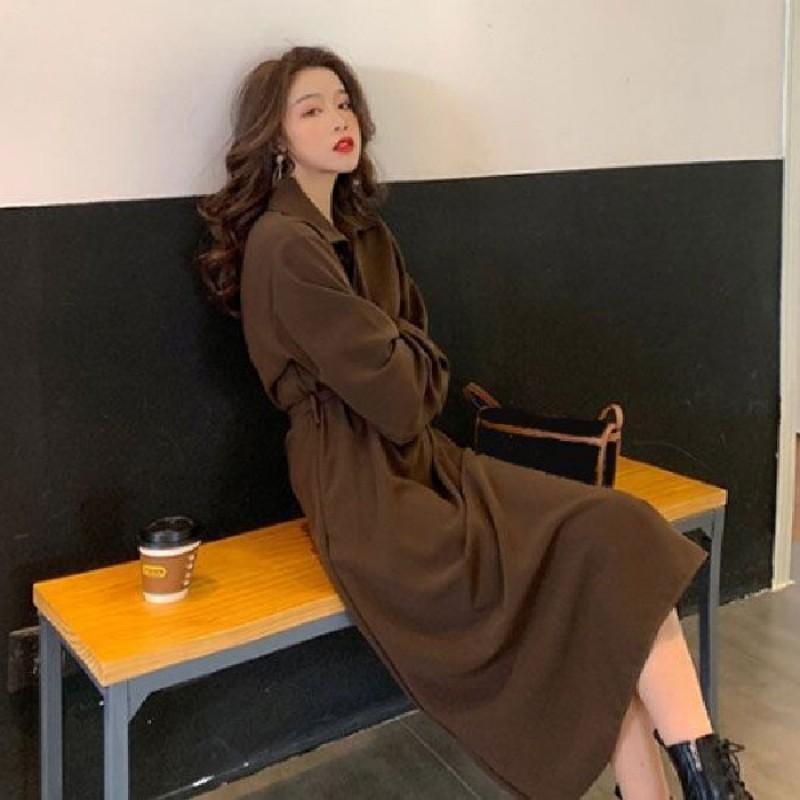 Hepburn Style Fall Winter Black Midi Dress Slim Fit Shirt Collar Versatile Womens