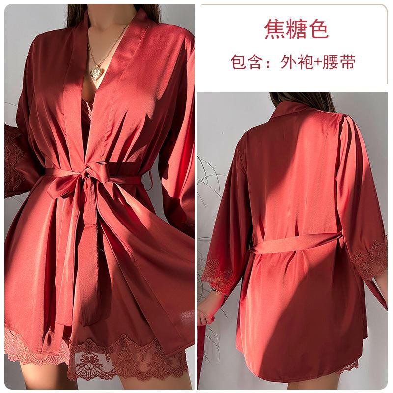 Women's Satin Mesh Deep V Comfy Cami Sleep Dress with Robe Lounge Set