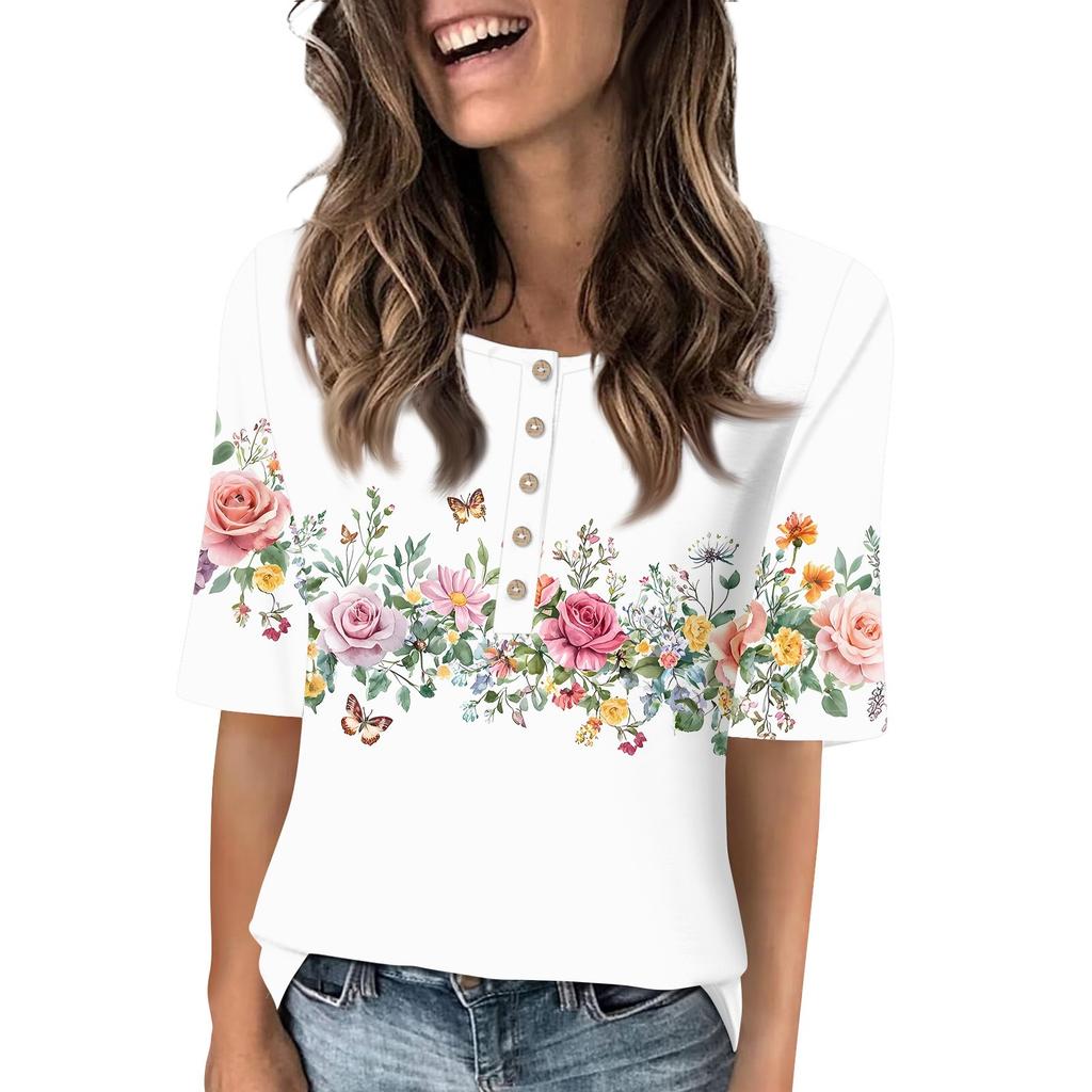 Shirts For Women Trendy Round Neck Button T Shirts Printed Blouse Half Sleeve Tops For Women