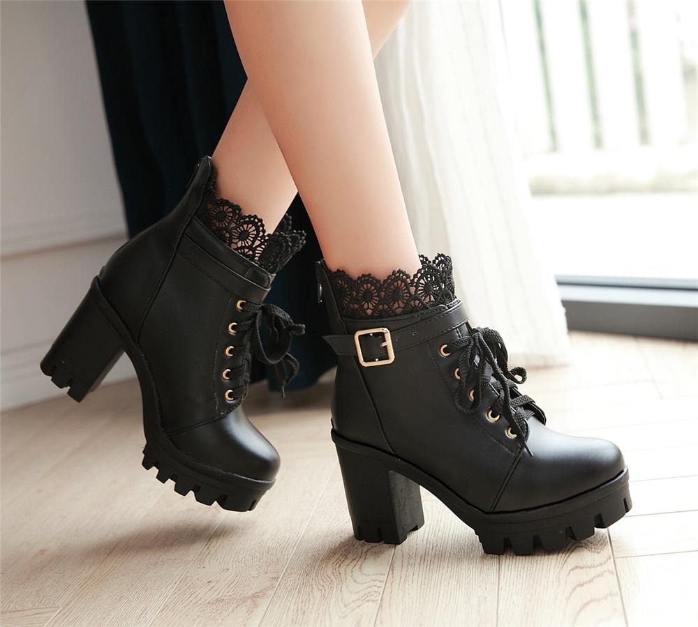 Fashion Winter New High-heeled Coarse Heel Platform Marton Boots Frenulum Waterproof Thick Bottom White Women Boots Zapatos De Mujer 33